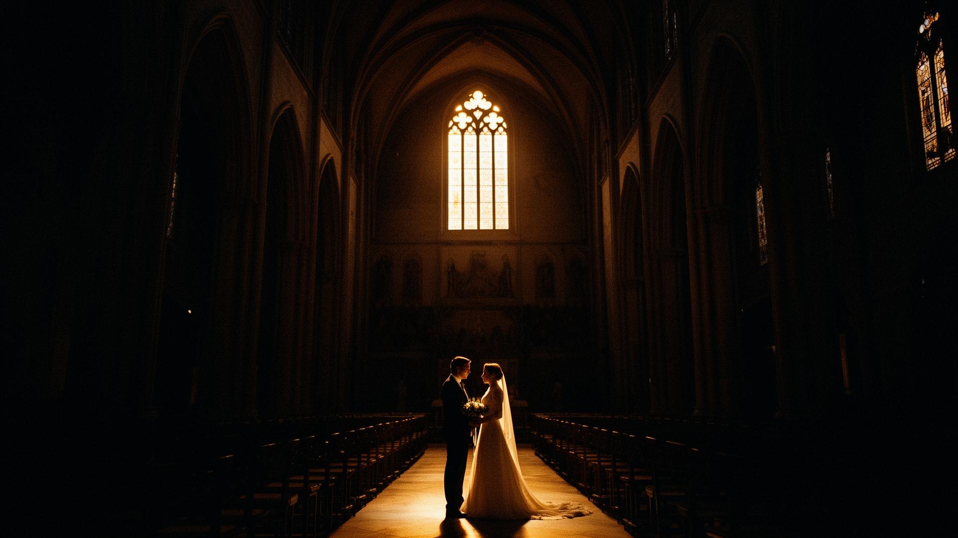 Cinematic wedding photograph in a candlelit cathedral